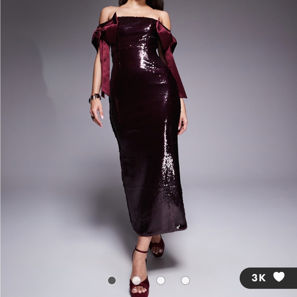 Kaia Exclusive ASOS Strapless Burgundy Sequin Dress with Bows